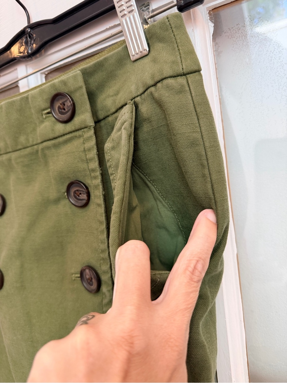 J. Crew Y2K Olive Army Green Cotton Twill Button Front Mini Skirt Size 00 XXS - Picture 3 of 11